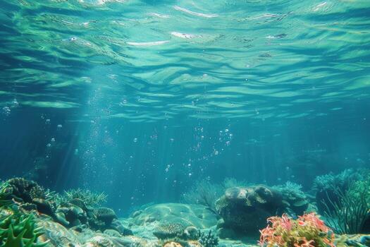 a reef scene with multiple ocean plants and rocks, photo