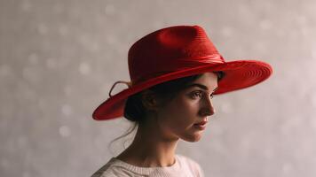 woman wearing red hat in a grey room with white background, photo