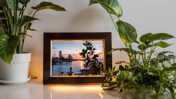 an empty brown frame with reflection of the sun in it and plantes on a table, photo