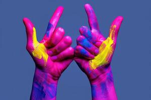 two hands covered in paint with one holding up a peace sign, photo