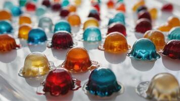 there are various plastic jellys that are spread across a white surface, photo