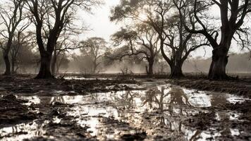 a large puddle of mud and trees in the middle of the woods, photo