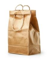 an empty brown lunch bag on white, photo