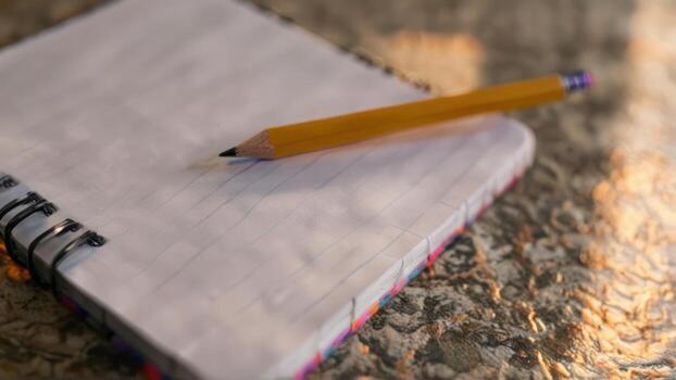 an open notebook with a pencil atop it and an inkless paper, photo