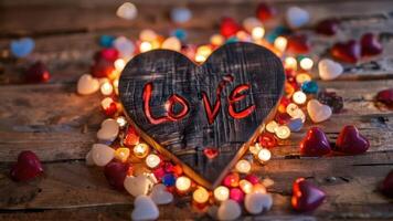 valentines day on wooden table with light and wood heart, photo