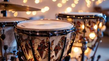 drums in front of lights with the focus on them, photo