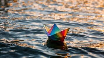 a paper boat floats on a body of water, photo