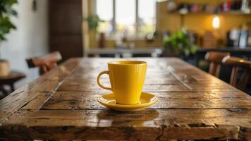 a cup sitting on top of a wooden table, photo