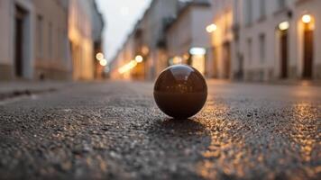 an egg sits in the middle of an empty street, photo