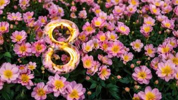 an eight - sided sign glowing in front of flowers, photo
