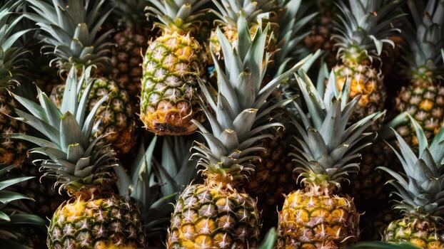 large group of pineapples sitting in rows, photo