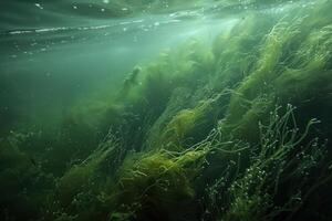 some green plants are underneath the water with sunlight coming in, photo