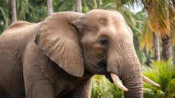 an elephant with tusks walking through some grass and palm trees, photo
