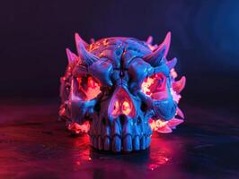 a ceramic skull with glowing details is lit up, photo