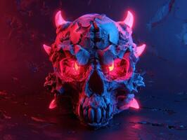 a lit up skull and red devil horns on the head, photo