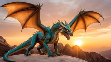 3d rendering of dragon with wing extended standing on high mountainstop, photo