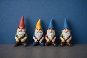 three statues sit side by side against the blue walls, photo