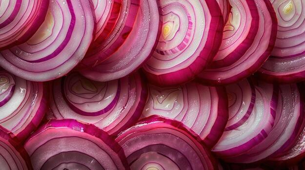 onions stacked in bunches with many slices cut, photo