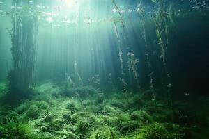 sun shining through a forest full of grass, photo