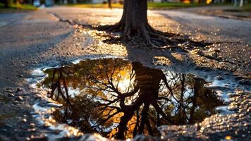 the street in front of the trees has a puddle and shows a tree growing behind it, photo