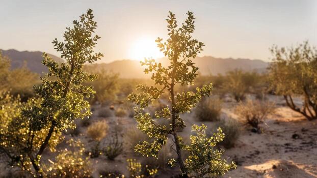 small trees grow out from sand in the desert, photo