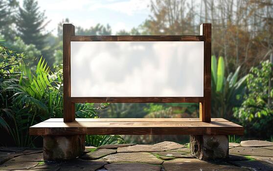 the white billboard is set on stone walkway next to trees, photo