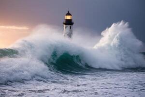 waves crashing around a lighthouse on the ocean, photo