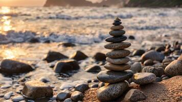 some rocks stacked up on beach with water and sky, photo