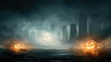 two scary jack o'lanterns with the city in the background, photo