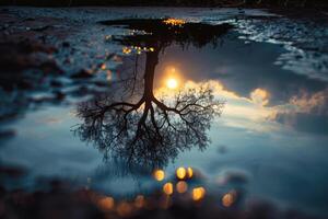 the sun is setting behind two trees with long branches, photo