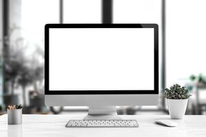 a computer monitor and keyboard on a desk with windows, photo