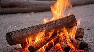 flames from logs burning on sand on beach, photo