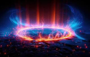 the blue worm is surrounded by fiery sparks, photo