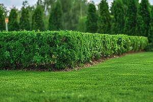 hedges on grassy lawn, fence line and trees in the background, photo