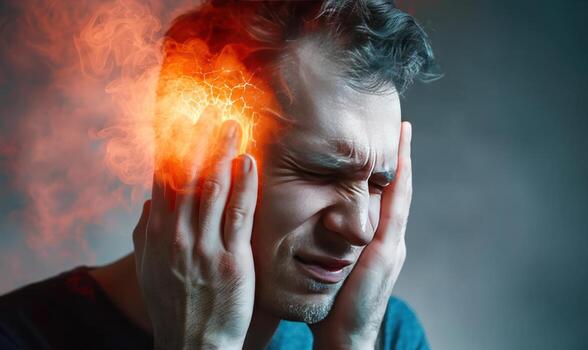 a man has his hands to his temples with the flames in front of him, photo