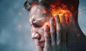 the man has his hands on the ears to be surrounded by fiery red smoke, photo