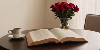 abierto libro, taza y florero de rosas en de madera mesa, foto