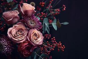 many roses in front of a dark background, photo
