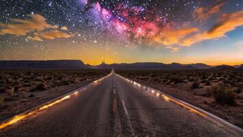 the road that leads to and a mountain in the distance, photo
