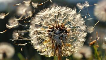 dandelions blowing in the wind and seeds flying, photo