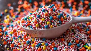 close up image of spoon in plate with lots of sprinkles, photo