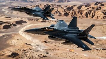 military jets flying in the sky over a desert plain, photo