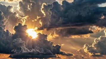 the sun peaking through some fluffy clouds in a sunset, photo