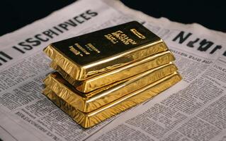 gold bars stacked high by size as it sits on newspapers, photo