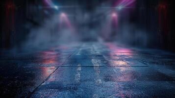 an empty dark room with floodlights and rain, photo