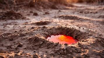 an orange fire hydrant surrounded by muddy ground, photo