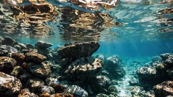 an ocean with rock floor and sunlight beams, photo