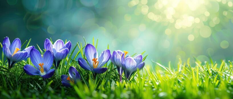 crocs growing on green grass in front of light, photo