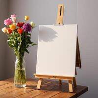 a table with paper on it near a vase of flowers, photo