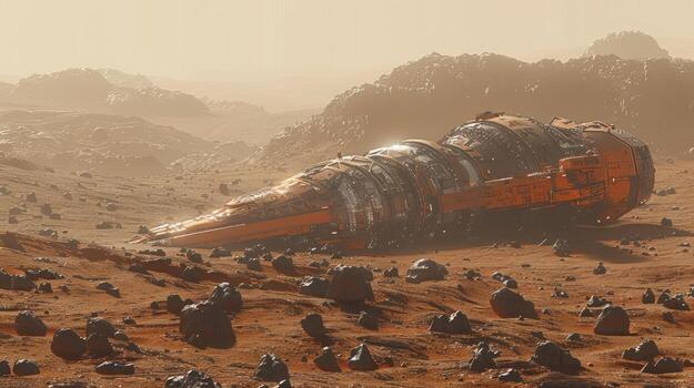 an orange, rusty and heavily covered vehicle in the desert, photo